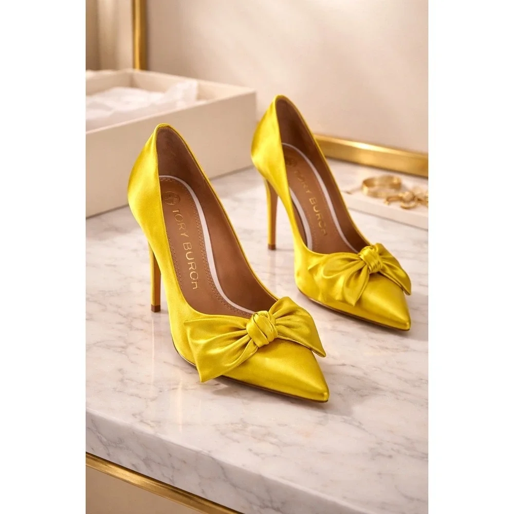Tory‎ Burch Yellow Satin Bow Pointed Toe Pumps White Stiletto Heels Womens 5.5